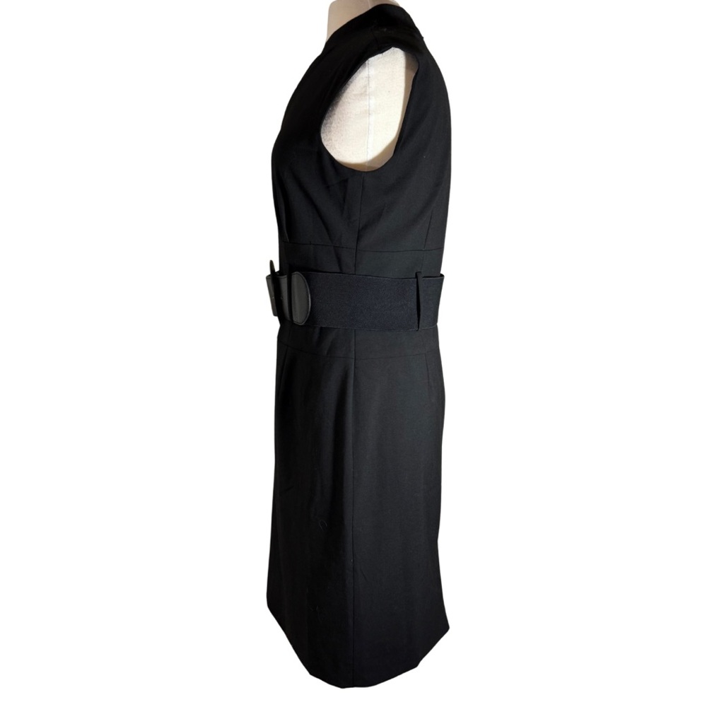 ANTONIO MELANI Sz 8 Black Dress Belted Above Knee V Neck Collared - Picture 3 of 9